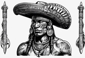 Aztec warrior with cowboy hat holding a sword tattoo idea