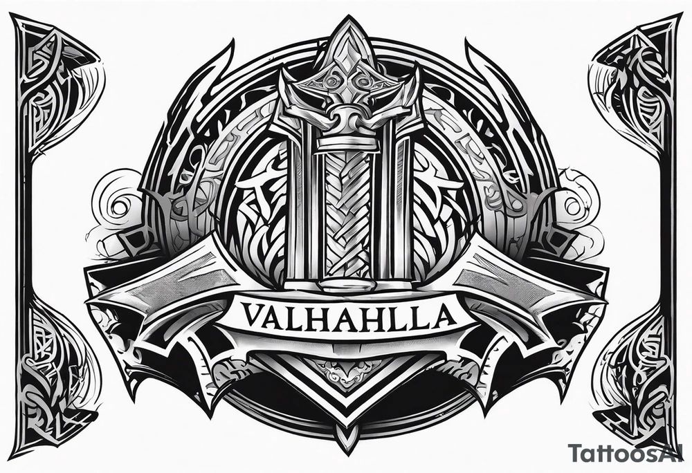 Valhalla mist fire sword shield stairs tattoo idea