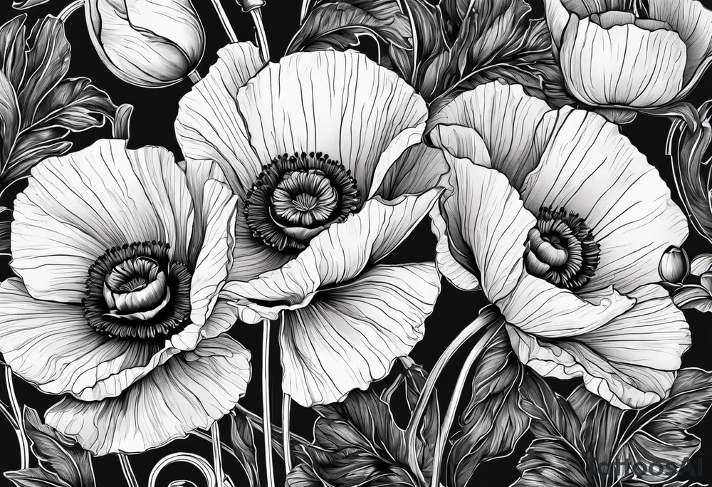 Poppy flowers with the date 1/15/22 in Roman numerals tattoo idea