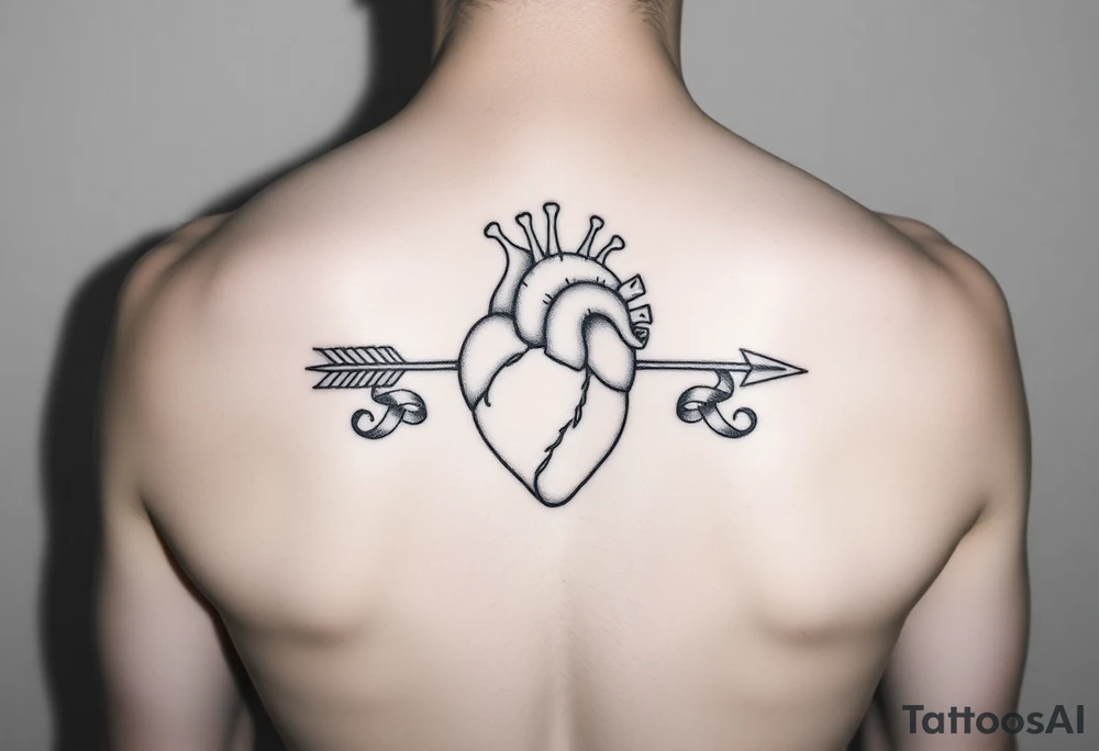 anatomical heart pierced by ornate arrow with flowing ribbons tattoo idea