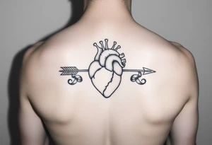 anatomical heart pierced by ornate arrow with flowing ribbons tattoo idea