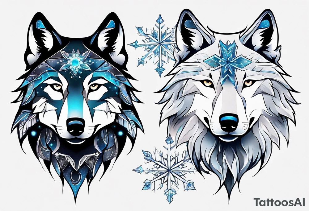 Constellation, two animal wolf, snowflake tattoo idea