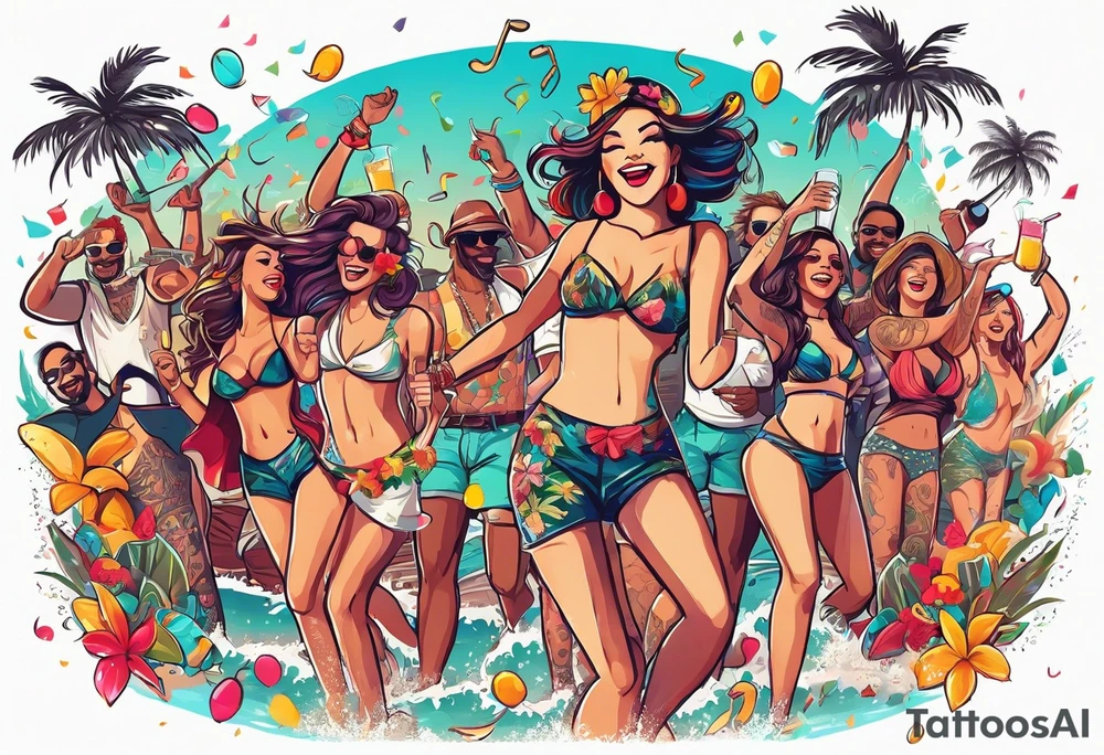 vintage beach dance party with music and confetti, tropical drinks tattoo idea