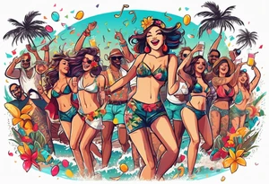 vintage beach dance party with music and confetti, tropical drinks tattoo idea