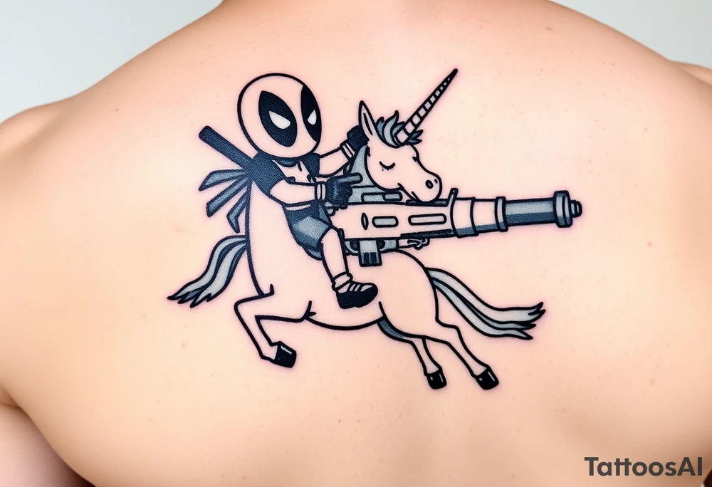 Deadpool riding cartoon unicorn holding big gun tattoo idea