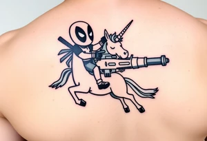 Deadpool riding cartoon unicorn holding big gun tattoo idea