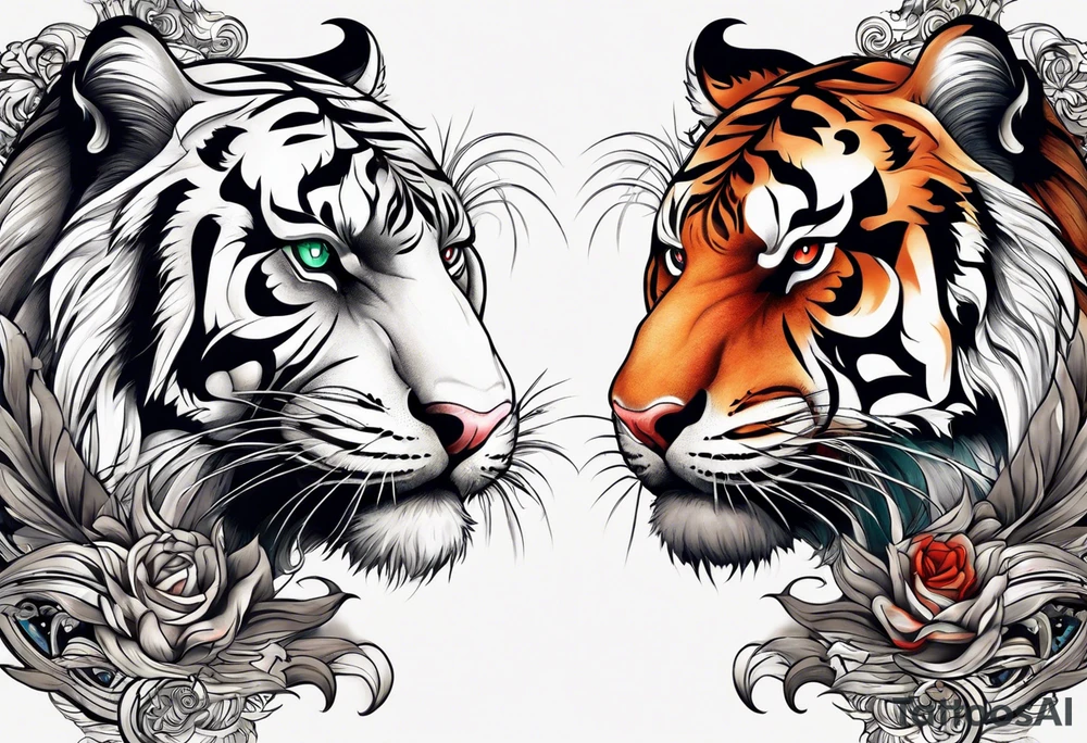 tiger on shoulder and dragon on bicep ying yang contrast tattoo idea