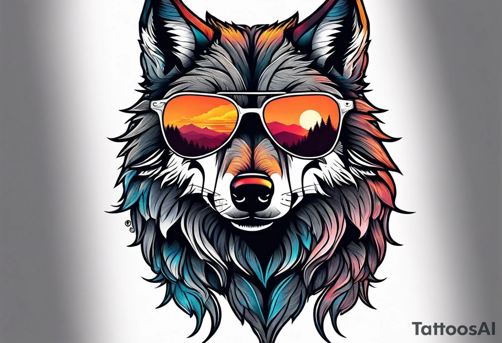 Badass wolf wearing sunglasses
Dark woods
Mountain peaks
Sunset tattoo idea
