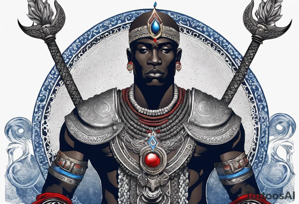 An african god, a bald black-skinned warrior, that uses a sword and a silver crown. He also uses blue and red necklaces tattoo idea