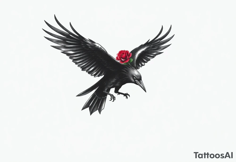 A black crow soaring symmetrically gracefully with its wings fully extended, each feather intricately detailed to capture a sense of movement and depth. In its talons, it gently carries a vibrant red rose, its petals vivid and delicate. The composition blends realism with deep symbolism, representing strength, transformation, and the enduring connection between life, resilience, and the unseen forces that guide and protect. The concept is on a crisp white background. tattoo idea