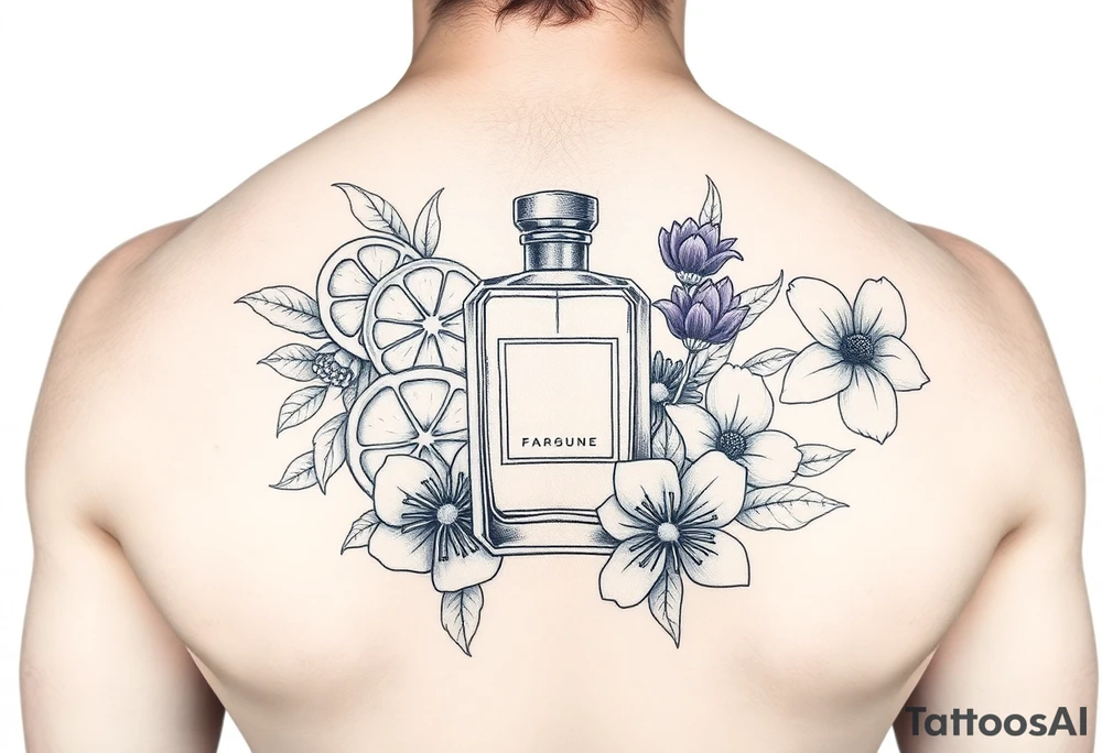 Modern perfume bottle surrounded by sliced citruses, woods, water and violet flowers tattoo idea