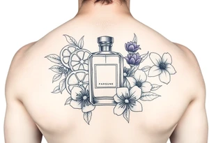 Modern perfume bottle surrounded by sliced citruses, woods, water and violet flowers tattoo idea