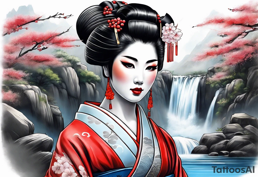 geisha girl that is also a Japanese waterfall tattoo idea