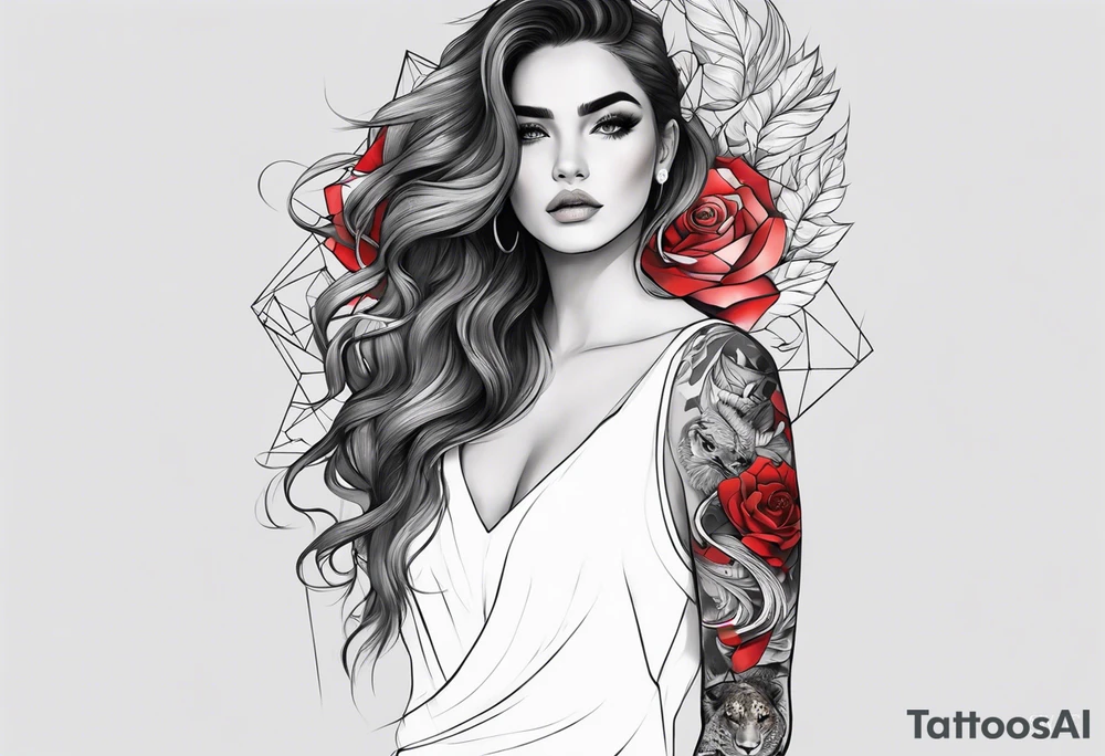 Full sleeve on a arm add a Half lion, half girl, add a crown, emphasize the eyes and use the color red, add a snake tattoo idea