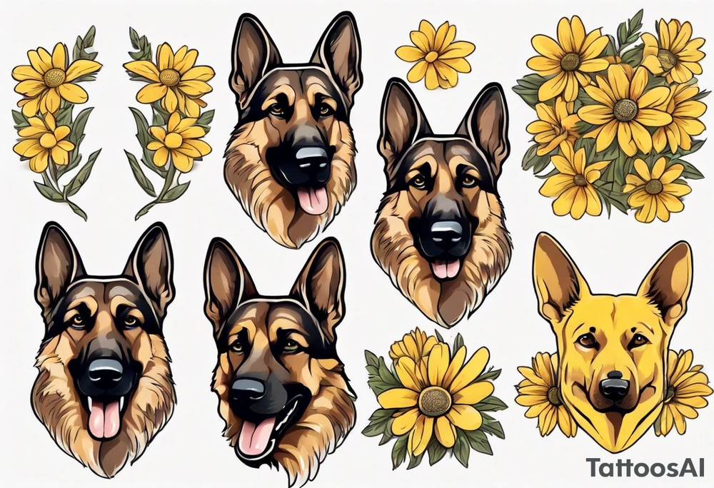Brown German shepherd portrait surrounded by yellow daisies tattoo idea