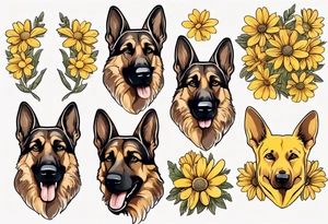 Brown German shepherd portrait surrounded by yellow daisies tattoo idea