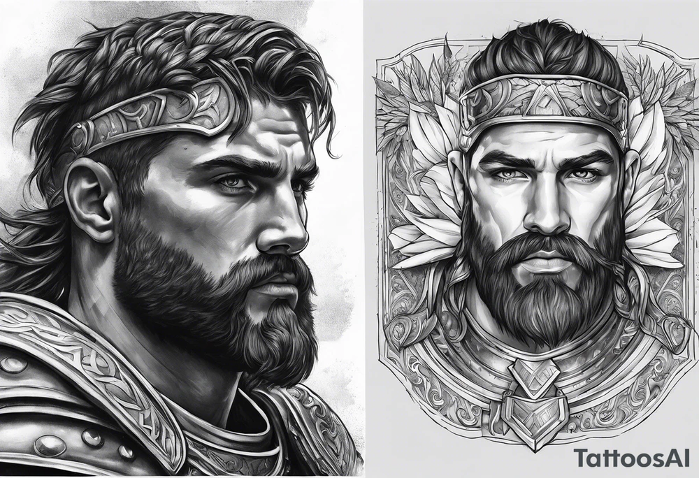 Romain Gladiator full sleeve right arm. Can have Roman buildings, sunset, clouds, fire (no animals) tattoo idea