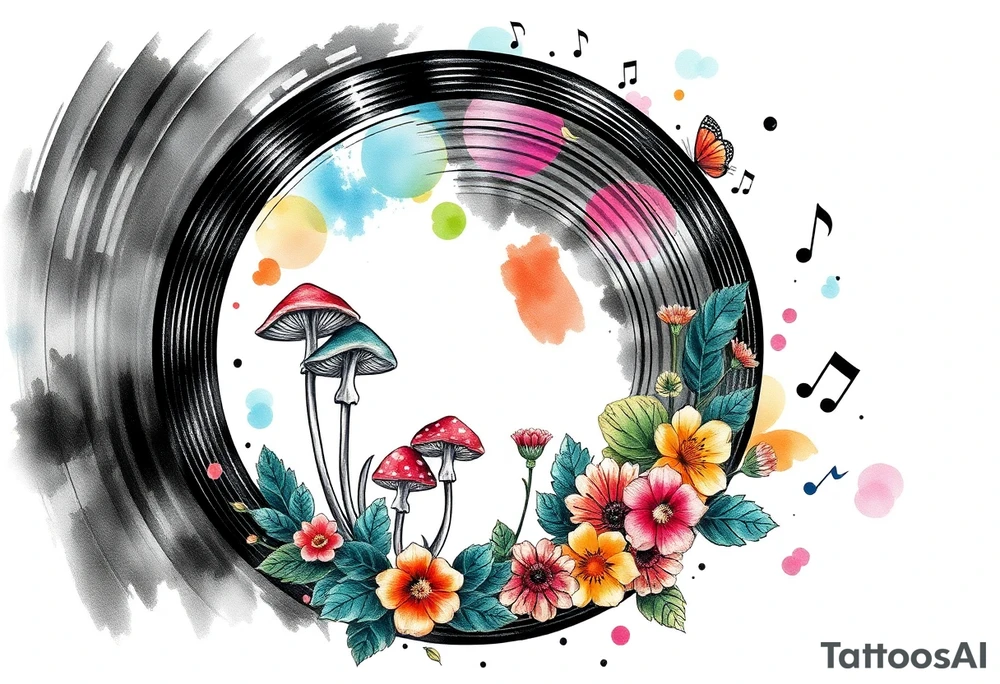 vinyl record with mushrooms, flowers, and music notes tattoo idea