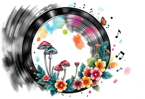 vinyl record with mushrooms, flowers, and music notes tattoo idea