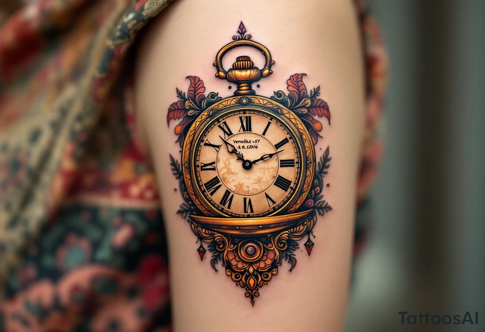 Ornate pocket watch tattoo showing 13:37 and "Veronika – 2.9.2016" in warm sepia tones. tattoo idea