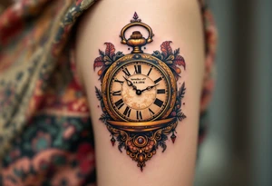 Ornate pocket watch tattoo showing 13:37 and "Veronika – 2.9.2016" in warm sepia tones. tattoo idea