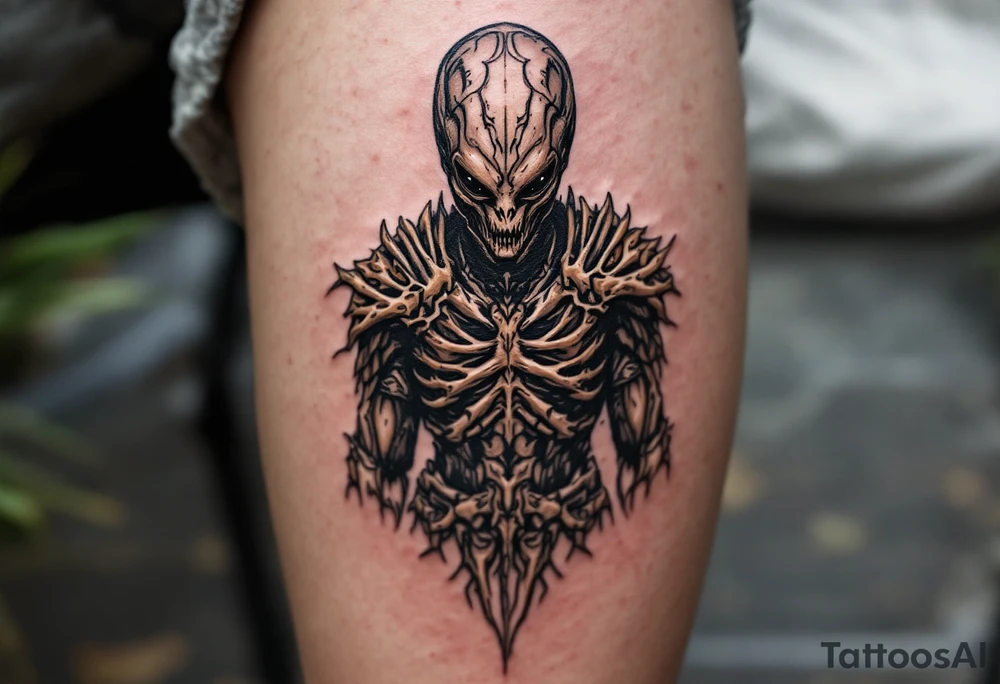 Primal Stalker Hunter – A war-hardened extraterrestrial warrior with dark brown and black mottled skin, covered in deep battle scars. Wears bone-plated armor from past conquests with primitive carvings. tattoo idea