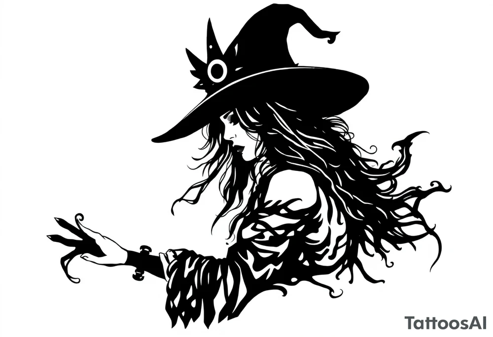 A silhouette stencil style drawing of Stevie nicks as a witch tattoo idea