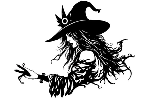 A silhouette stencil style drawing of Stevie nicks as a witch tattoo idea