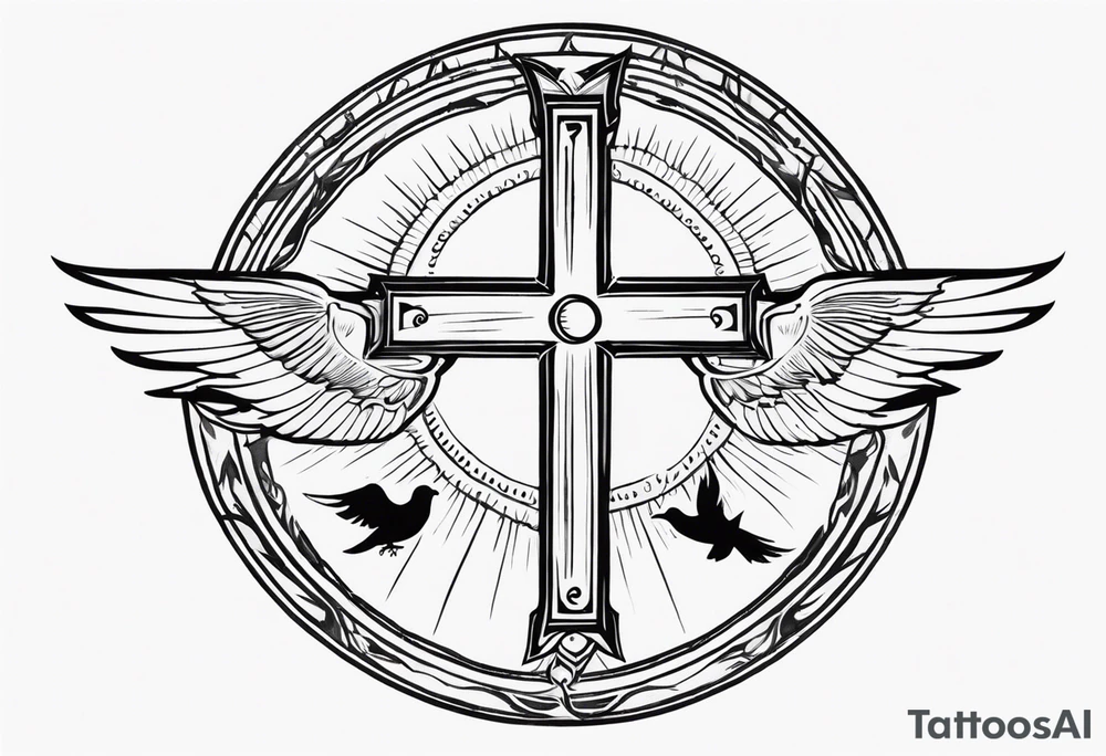 Cross with doves and rays of a sun with the date 08/21/2024 tattoo idea