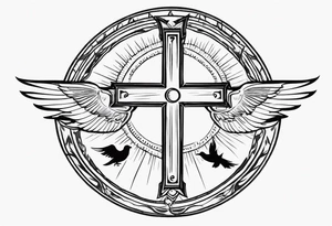 Cross with doves and rays of a sun with the date 08/21/2024 tattoo idea