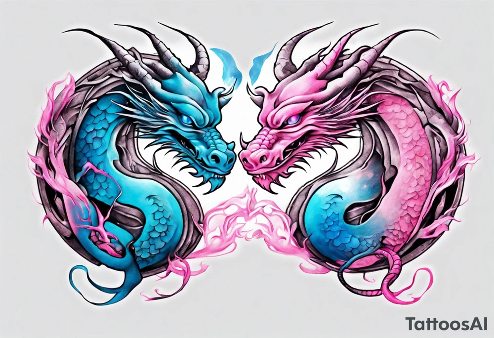ying yang two dragon stones blue & pink tattoo idea