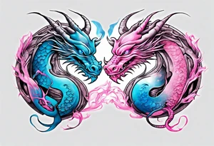 ying yang two dragon stones blue & pink tattoo idea