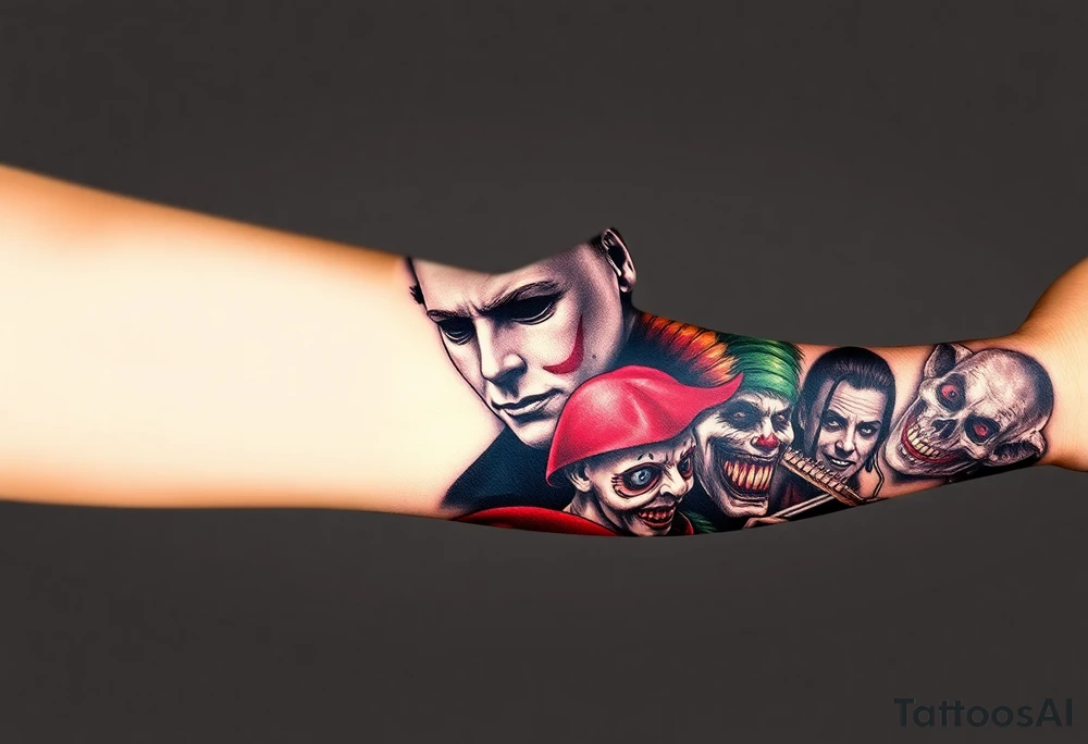 Left full arm sleeve. Michael Myers is the largest and main focal point. It should have the other horror characters like Jason, Freddy, the clown from saw, sam, the leprechaun,  chuckie, pin head, art the clown, leather face penny wise. tattoo idea