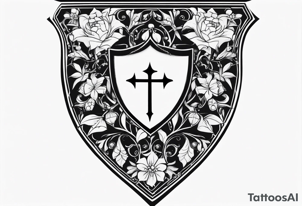 An Iron Shield endowed with diamond shaped gems along the trim, 3 different kinds of flowers create the crest, black vines with bright white thorns wrap and constrict the shield as a tattoo design tattoo idea