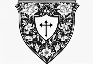 An Iron Shield endowed with diamond shaped gems along the trim, 3 different kinds of flowers create the crest, black vines with bright white thorns wrap and constrict the shield as a tattoo design tattoo idea