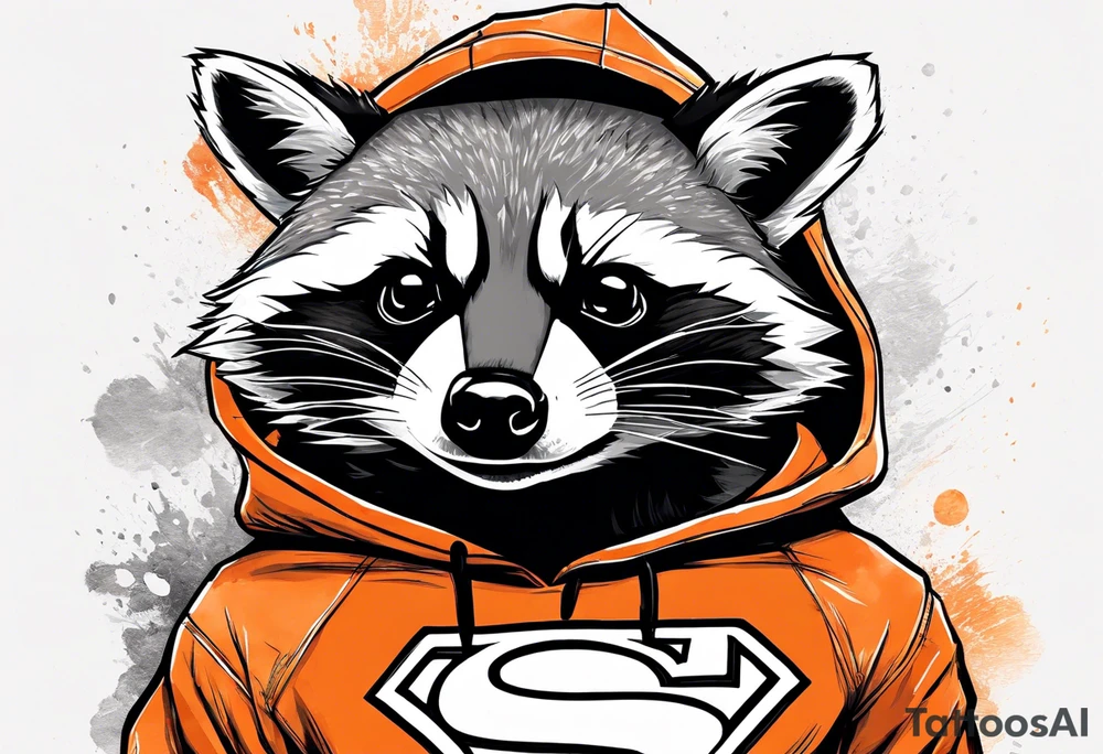 Raccoon wearing an orange Superman hoodie tattoo idea