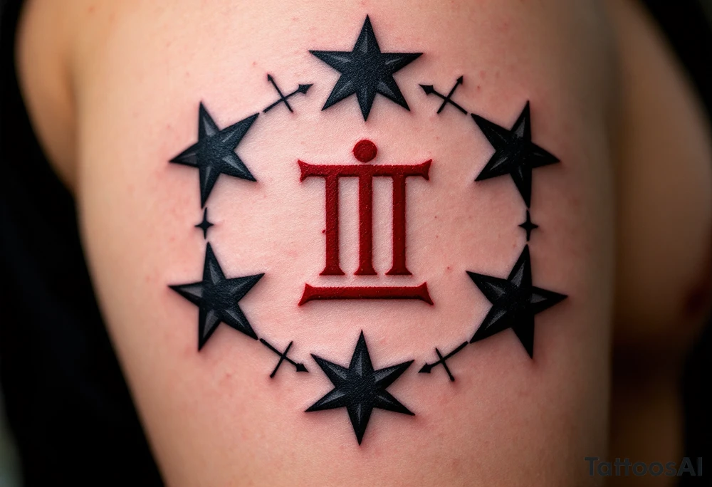 Bold black stars outline the Libra star constellation while a red-ink Libra symbol from the center. tattoo idea
