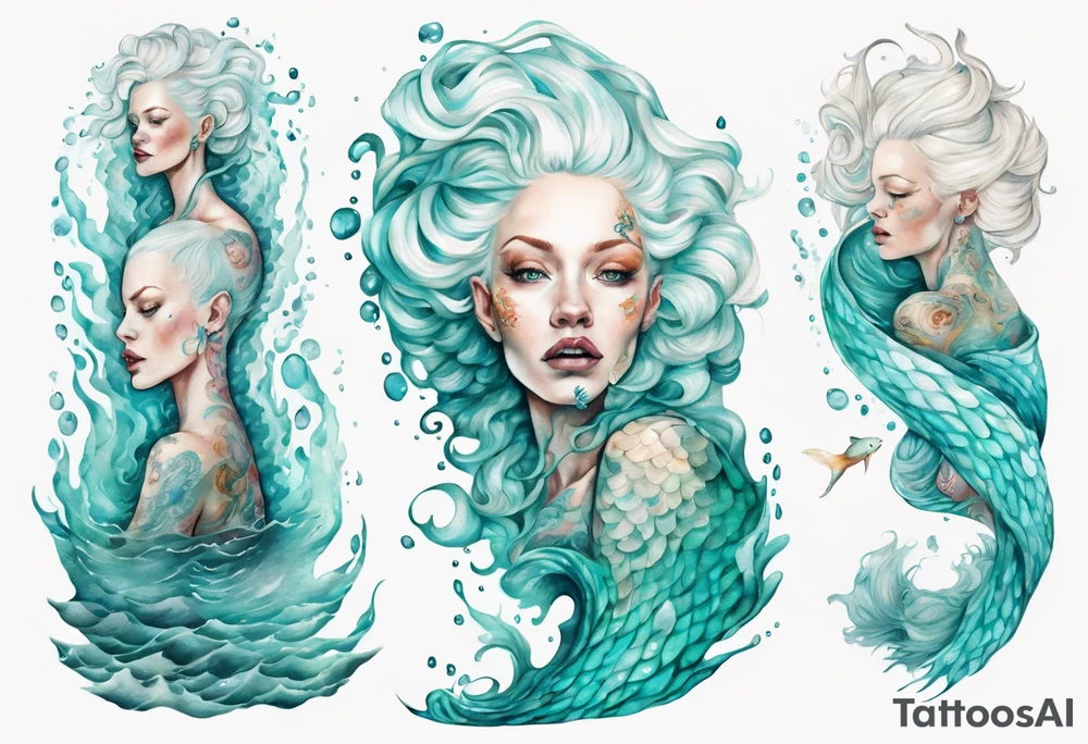 a tall albino woman made of water covered with fish scales with turquoise hair sitting upon a wave tattoo idea