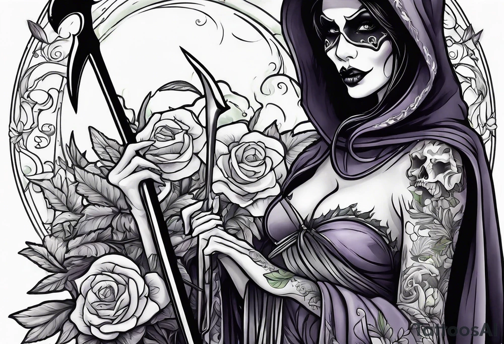 cute feminine grim reaper with scythe and nightshade tattoo idea