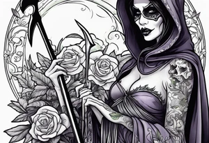 cute feminine grim reaper with scythe and nightshade tattoo idea