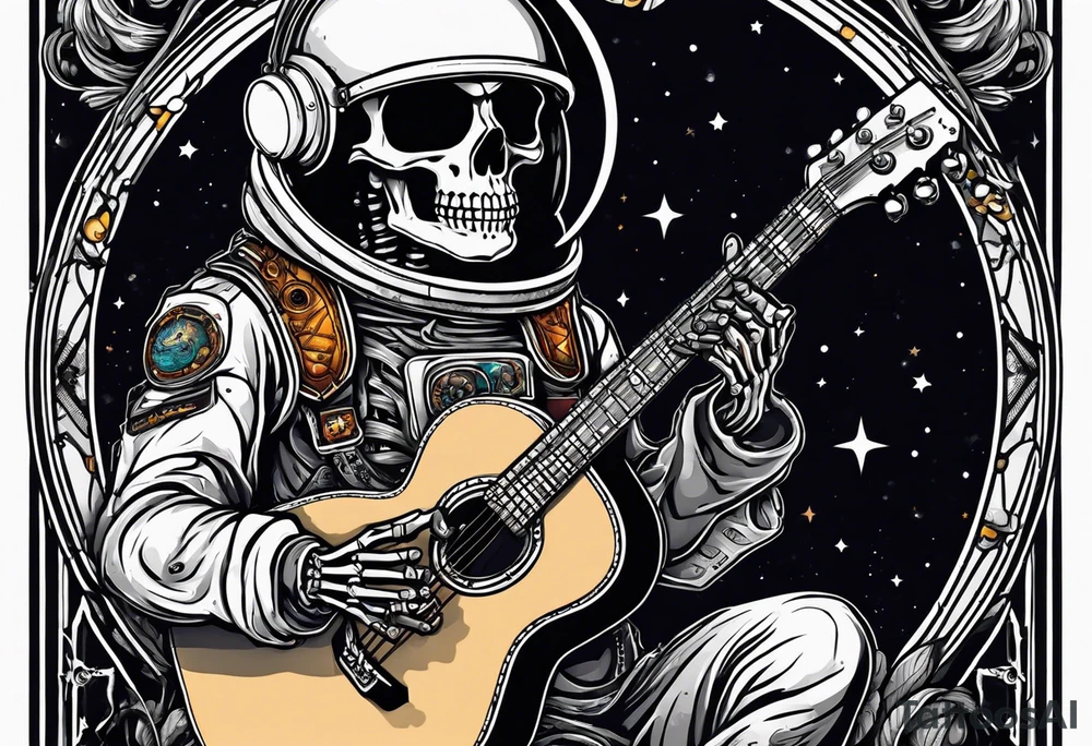 Skeleton astronaut playing acoustic guitar tattoo idea