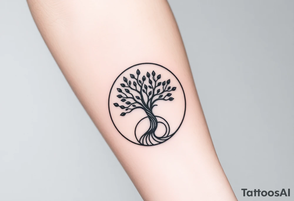 Tree with few leaves,  encircled in a spiral circle with a line starting from the center of the tree and spiraling outward, clockwise direction tattoo idea