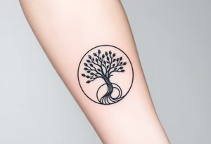 Tree with few leaves,  encircled in a spiral circle with a line starting from the center of the tree and spiraling outward, clockwise direction tattoo idea