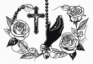 Hand holding rosary with roses tattoo idea