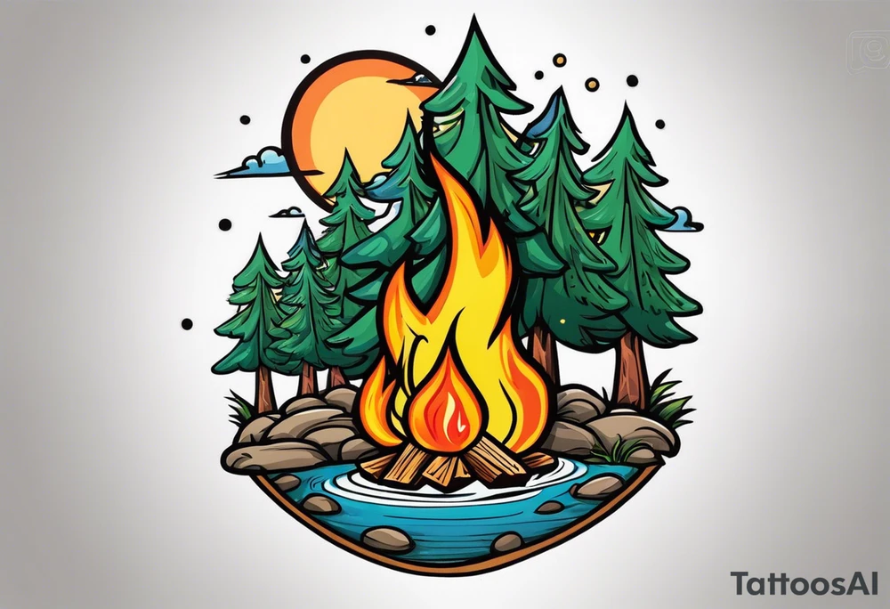 Small campfire in the center, right side: an evergreen tall tree, left side: mountain stream tattoo idea