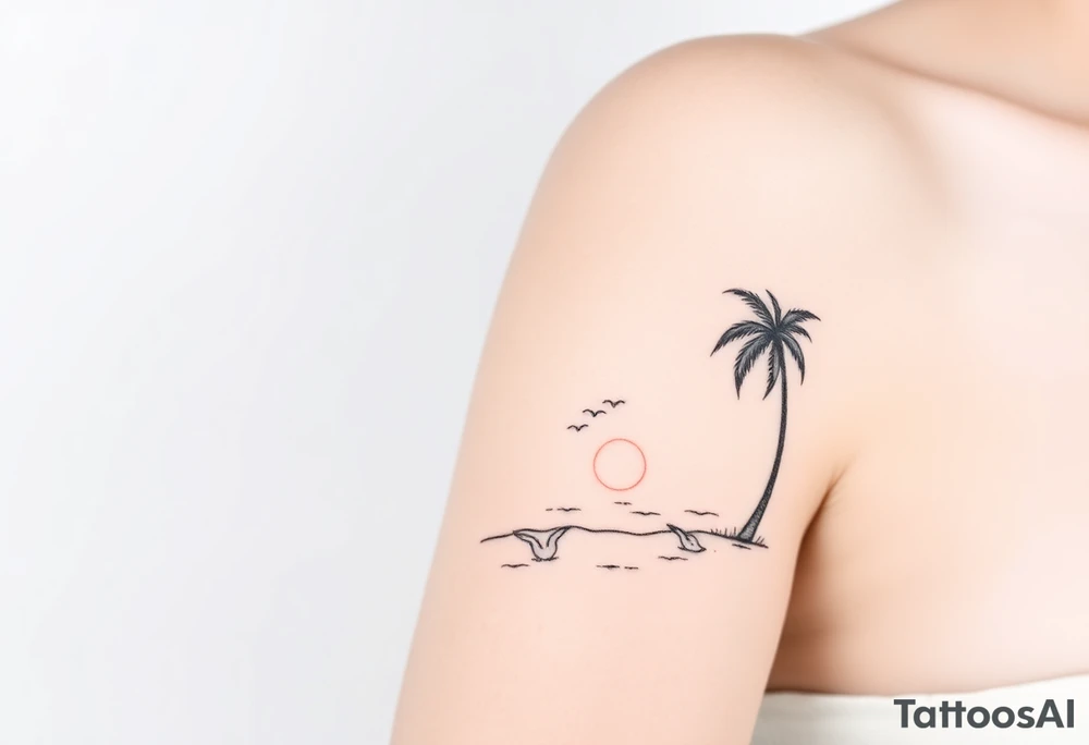happy, peaceful, serene, timeless, ocean, sand, palm tree, seagulls, sun, subtle, masculine tattoo idea