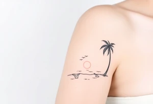 happy, peaceful, serene, timeless, ocean, sand, palm tree, seagulls, sun, subtle, masculine tattoo idea