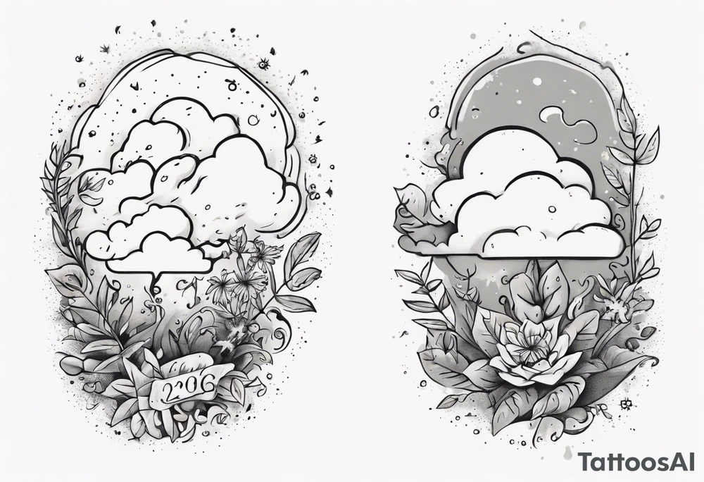 a forearm tattoo with a cloud with little plants and underneath it the date 12.08.05 tattoo idea