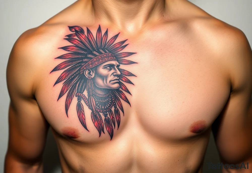 Indian warrior black and red on left chest male tattoo idea