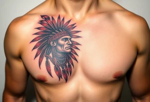 Indian warrior black and red on left chest male tattoo idea